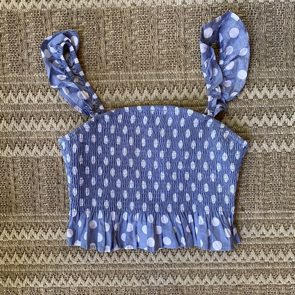 Blue and white polka dot ruffle blouse